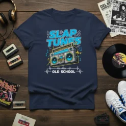 Slap Tunes Old School T-Shirt with a retro boombox graphic and musical notes