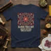 Navy t-shirt with central circular design and text: SLAVIC FOLK ART ANCIENT PATTERNS TIMELESS BEAUTY, featuring red and gold ethnic