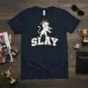 Navy blue t-shirt featuring the word SLAY in white and gold, with a white lion wearing a gold crown above