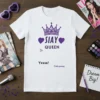 White t-shirt with purple "Slay Queen" text, crown graphic, and hearts. Includes smaller text "So Cute", "Yesss!", and "Cielo young"