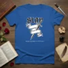 Slay Romeo and Juliet Act IV Scene I text with a sword and ribbon graphic on a blue t-shirt