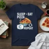 Sleep Eat Pizza Repeat t-shirt design featuring a slice of pizza on a pillow with moon graphic