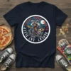 Raccoon on skateboard with text SLEEP EAT STEAL FOOD SKATE REPEAT in a circular design, featuring pizza and trash cans