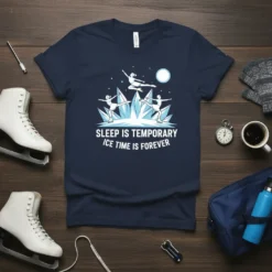 Figure skaters performing jumps and spins with the text "Sleep Is Temporary Ice Time Is Forever" on a navy t-shirt