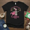 Black t-shirt with "Sleep is a Moms Secret Weapon and Coffee" text and a skeleton superhero holding coffee cups
