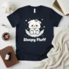 Sleepy Fluff T-Shirt with a cute, sleepy white dog on a cloud surrounded by stars