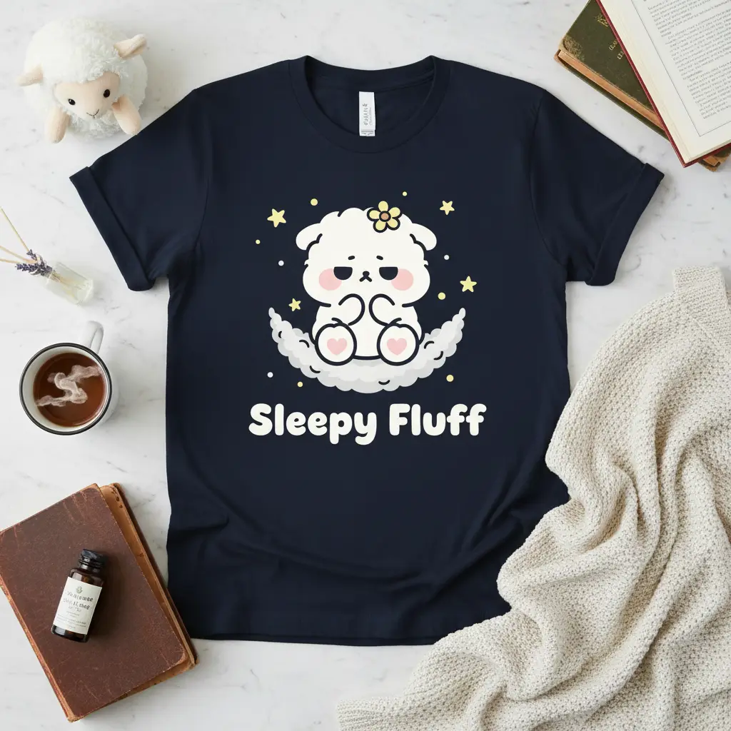 Sleepy Fluff design featuring a cute, white, sleepy dog illustration on a dark t-shirt with stars