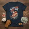 Sleigh Hair Don't Care text with a golden retriever dog wearing goggles and scarf riding a sled, surrounded by snowflakes