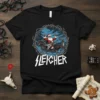 Sleigher t-shirt design featuring Santa Claus playing a guitar in a sleigh with reindeer, surrounded by thorny branches