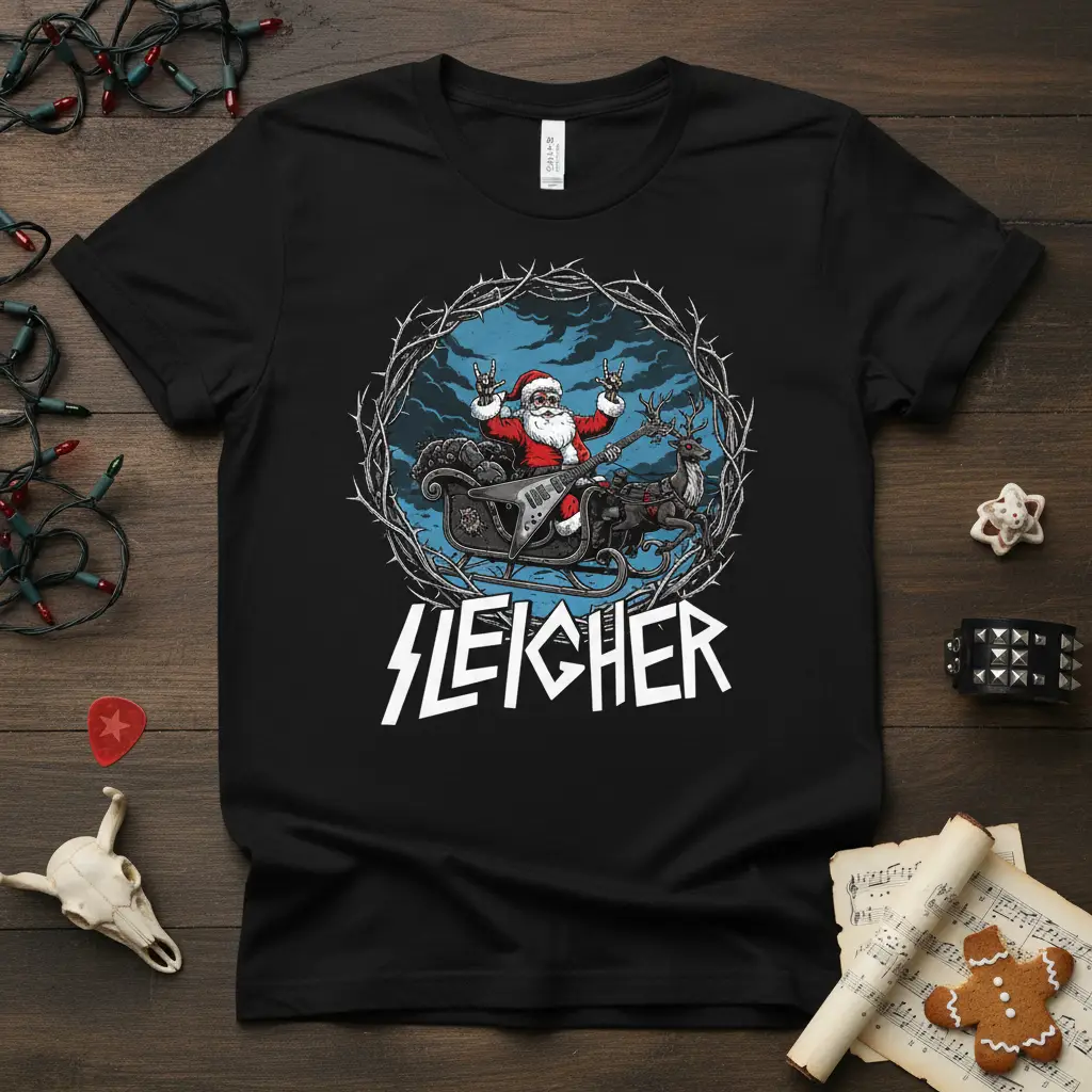 Sleigher heavy metal Christmas t-shirt design with Santa rockstar playing guitar in sleigh