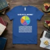 Blue t-shirt with "SLICE OF PI, ANYONE?" text above a colorful pie chart, followed by digits of pi