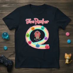 Slime Rancher T-Shirt featuring a colorful spiral of cute slimes around a barn, with the game title above