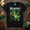 Sláinte! St. Patrick's Day T-Shirt with a T-Rex holding a beer and wearing a leprechaun hat, surrounded by shamrocks