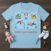 Sloth gymnastics t-shirt design featuring cartoon sloths performing various gymnastic poses on bars and mats