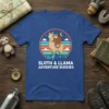 Sloth and llama riding on mountains with text SLOTH & LLAMA ADVENTURE BUDDIES, vintage sunset graphic