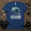 Sloth Mode Activated text on a navy blue t-shirt with a cartoon ninja cat holding a sword