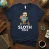 Sloth Rider T-Shirt design featuring a cute cartoon sloth riding a scooter with a backpack