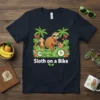 Sloth on a Bike T-Shirt design with a sloth and monkey riding a green bicycle in a tropical setting with