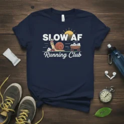 Slow AF Running Club t-shirt design with a cartoon snail wearing sunglasses and a headband, pulling a cart of balls