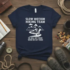 T-shirt design featuring a turtle in hiking gear on a mountain path with text "SLOW MOTION HIKING TEAM WE WILL