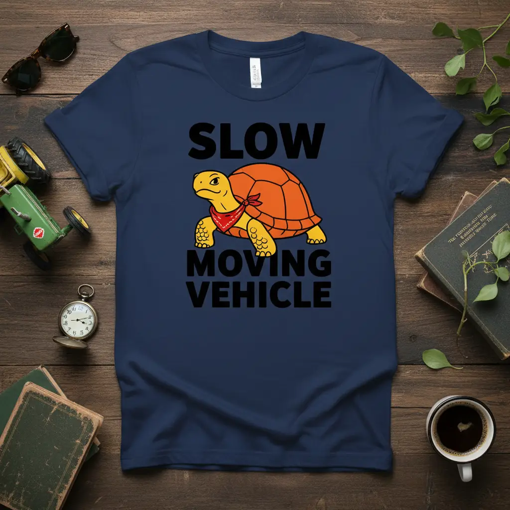 Slow Moving Vehicle turtle graphic tee with bold black text and a cute tortoise illustration