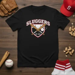 Baseball team Sluggers Est. 2024 design with crossed bats and ball on black t-shirt