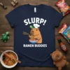 Slurp! Ramen Buddies t-shirt design with a capybara wearing a chef hat and a turtle on its head, eating ramen
