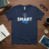 Navy t-shirt with white text "SMART" and a graphic of a lightbulb with a brain icon below it