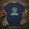 Navy blue t-shirt featuring the Sámi Homeland Indigenous People logo with reindeer and northern lights graphic