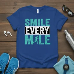 Blue t-shirt with the text "SMILE EVERY MILE" and a runner graphic, motivational running design
