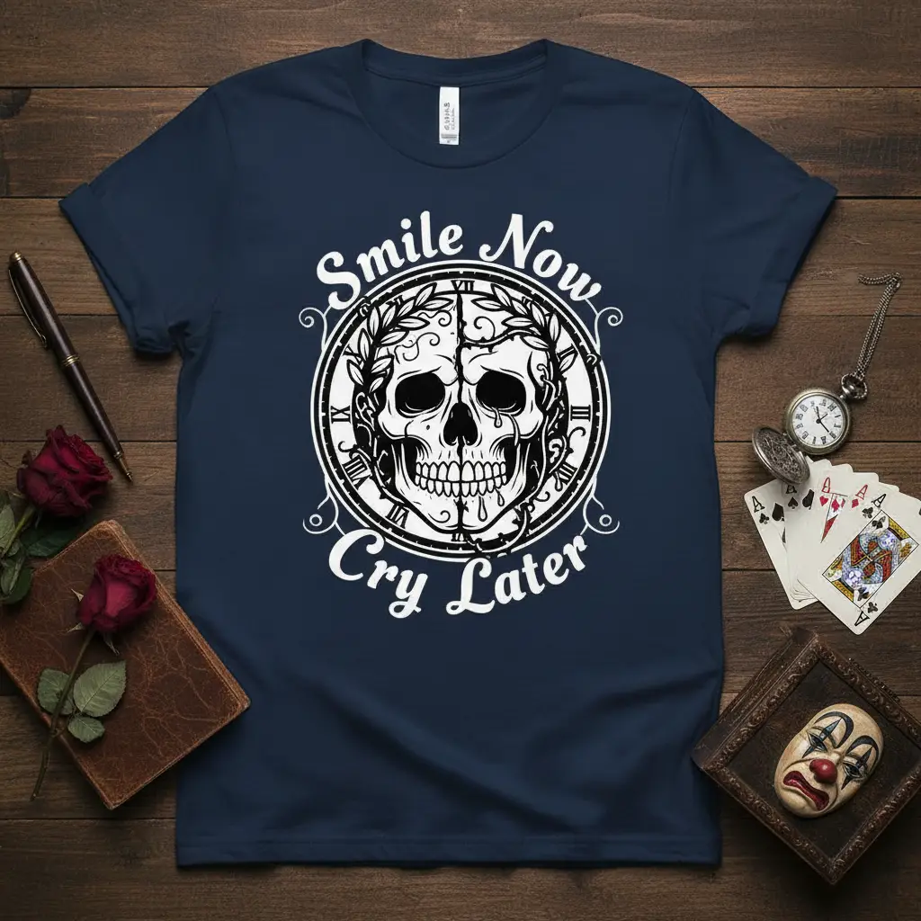 Smile Now Cry Later Skull Quote T-Shirt Gothic Dark Humor Gift