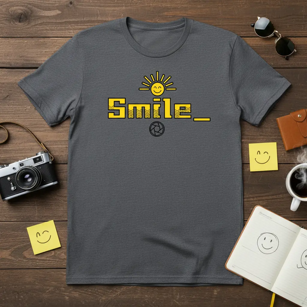 Smile_ Graphic Tee With Sun and Camera Icon