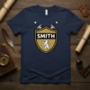 Navy t-shirt featuring the Smith Family Crest with crossed swords and a lion emblem, primary keyword Smith Family Crest