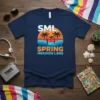 SML Spring Meadow Lane retro sunset t-shirt design with palm trees and ocean waves