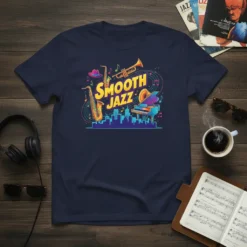 Smooth Jazz t-shirt design with saxophone, trumpet, piano, hat, and city skyline graphic