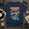 Smooth Jazz text with colorful musical instruments like saxophone, trumpet, piano, and guitar on a navy t-shirt