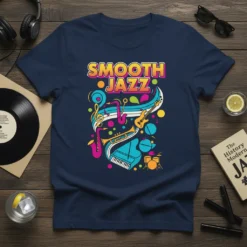 Smooth Jazz text with colorful musical instruments like saxophone, trumpet, piano, and guitar on a navy t-shirt