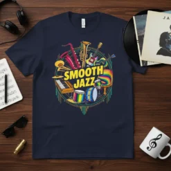 Smooth Jazz t-shirt design with saxophone, trumpet, guitar, drums, and piano in vibrant colors