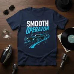 Smooth Operator T-Shirt with a vintage sports car driving on a winding road, musical notes around the design