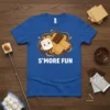 S'MORE FUN text with a cute marshmallow, chocolate bar, and graham crackers graphic on a royal blue t-shirt