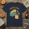 Snack Time t-shirt design featuring a can of snacks with waves and a paper bag full of treats