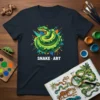 Snake Art T-Shirt featuring a coiled green snake with a colorful abstract background and text "SNAKE ART"