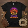 Snake Charmer t-shirt design featuring a coiled snake graphic within a shield and colorful background