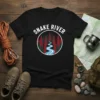 Snake River graphic t-shirt with a winding river through pine trees inside a circle, white text above