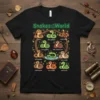 Snakes of the World t-shirt design featuring cartoon illustrations of cobra, tree python, coral snake, boa constrictor, rattlesnake, corn snake