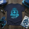 Sneakers Kong t-shirt design featuring a gorilla wearing sunglasses and a running shoe with flames, navy blue shirt