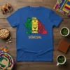 Sénégal Lion Map T-Shirt design featuring a lion's face superimposed on the country's map, colored with the Senegalese flag, and
