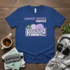 Snooze Snooze Snooze t-shirt with a purple sloth and green turtle sleeping on a white keyboard