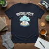 Snore Fest t-shirt design with a sleeping sheep wearing a striped cap and Zzz symbols around a cloud