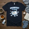 Snorefest Attendee T-Shirt with a cartoon sheep sleeping on a pillow, alarm clock, and clouds. Primary keyword: Snorefest Attendee T-Shirt